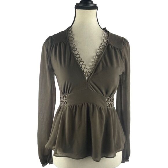 Express Peplum top brown olive green blouse long sheer sleeves v-neck sz XS - Picture 1 of 8